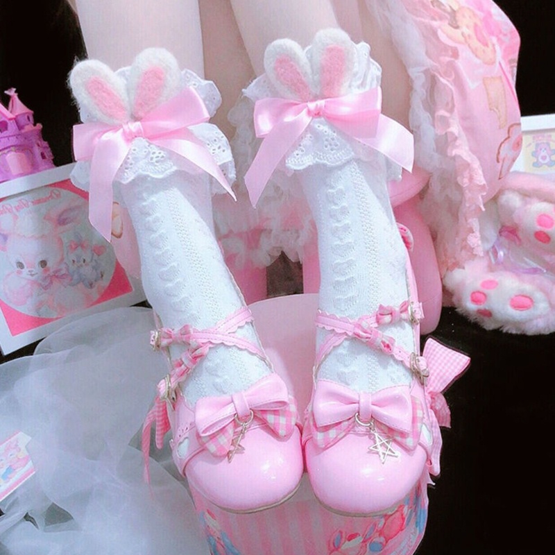 Xixi Tất Cotton Dệt Kim Đính Nơ Tai Thỏ 3D Xinh Xắn Cho Nữ