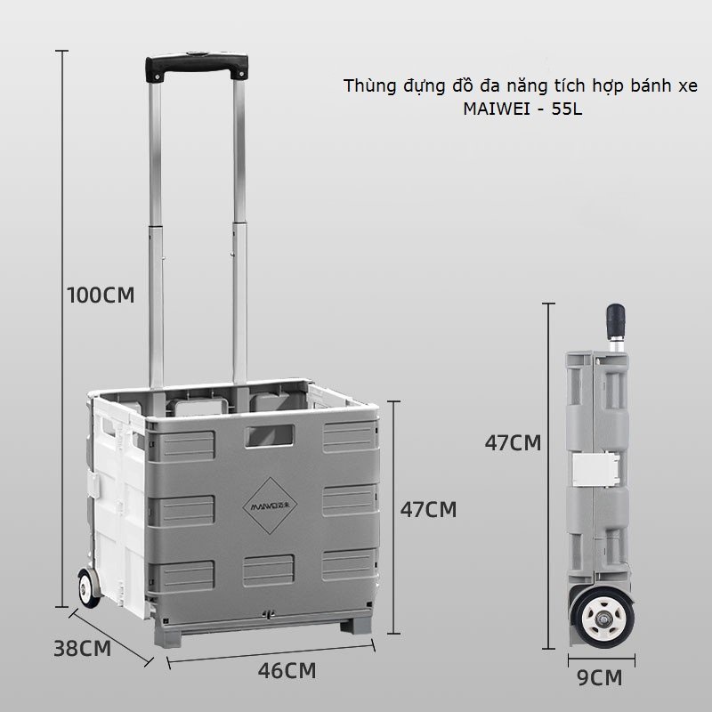 Thùng gấp gọn có tay kéo, Thùng đựng đồ đa năng tích hợp bánh xe, gấp gọn Xiaomi Maiwei loại 35 và 55L