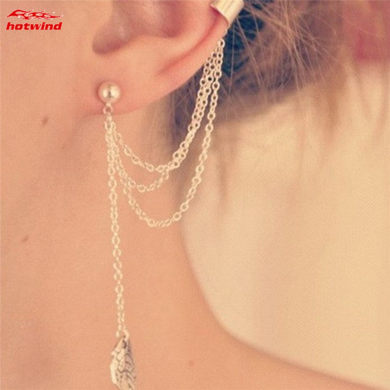 Đôi bông tai dáng dài phối hình chiếc lá độc đáo cá tính cho nữ