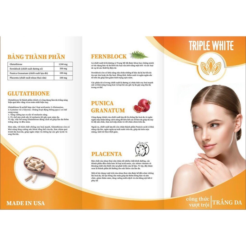 (CHÍNH HÃNG) TRIPLE WHITE Viên Uống Trắng Da Glutathione 1200mg, Chống Nắng, Giảm Thâm Nám, Chống Lão Hoá - Hộp 50 Viên | Thế Giới Skin Care