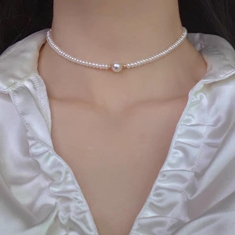 Vòng cổ chocker trai thật nước ngọt míc bi bạc kiểu thanh lịch trẻ trung