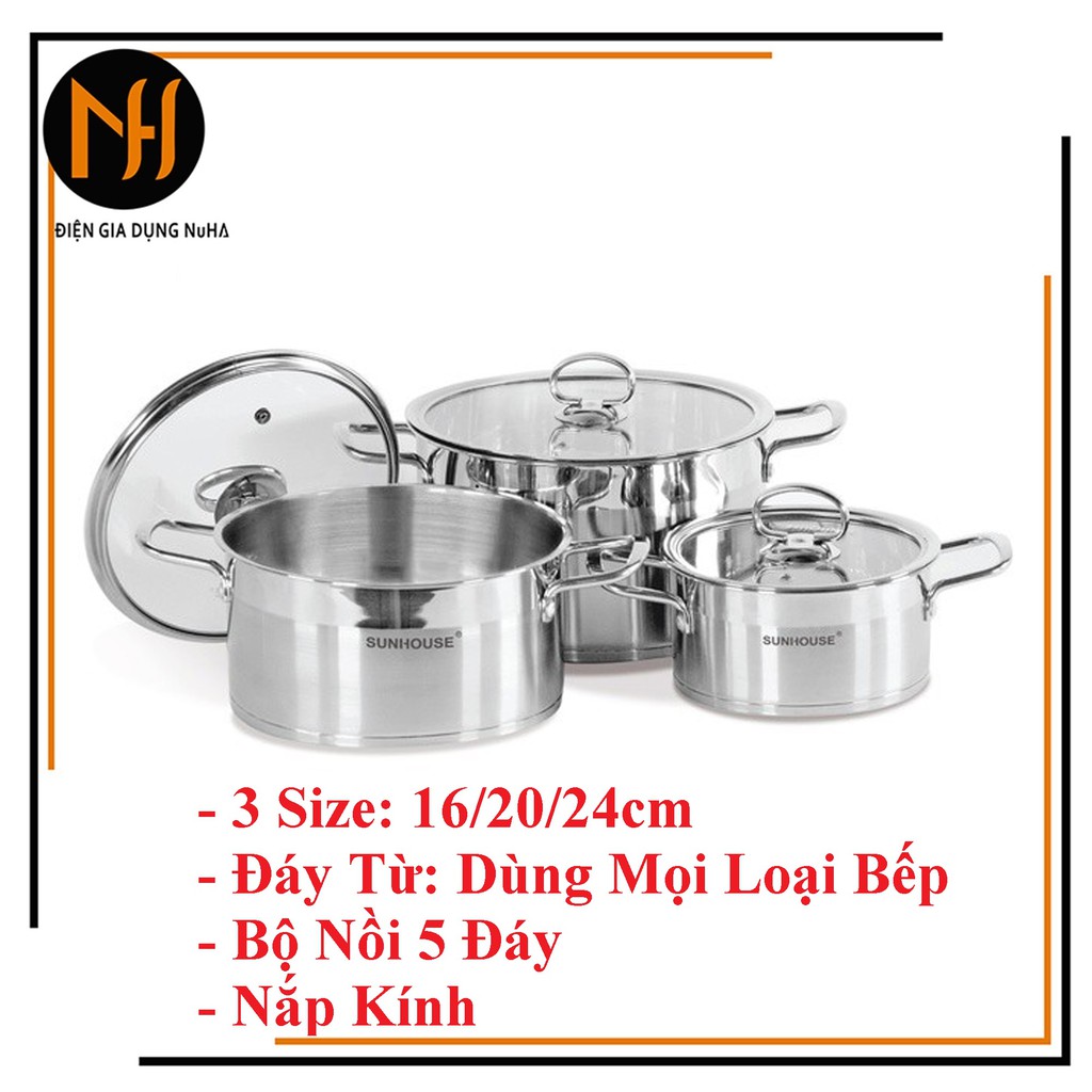 [Dùng được mọi loại Bếp]Bộ nồi inox 5 đáy SUNHOUSE MAMA SH784 nắp kính gồm size 16/20/24cm, có ảnh thật