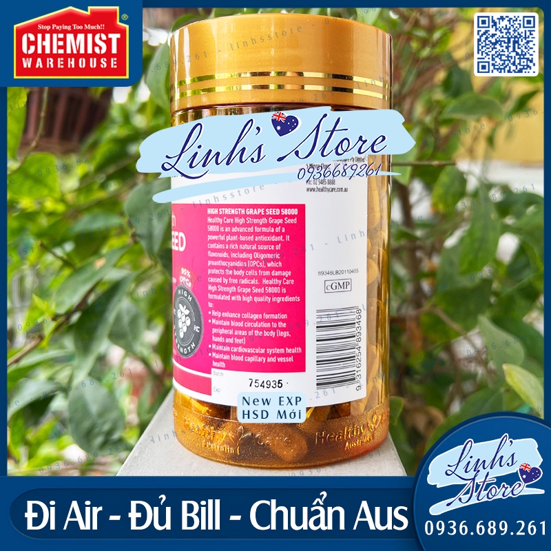 Healthy Care Grape Seed 58000mg - 200 viên 💙 Chemist Warehouse - Úc