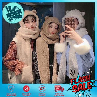 Mũ Lông liền Khăn Tai Gấu Trùm Đầu Choàng Cổ Cao Cấp Cực Ấm Áp