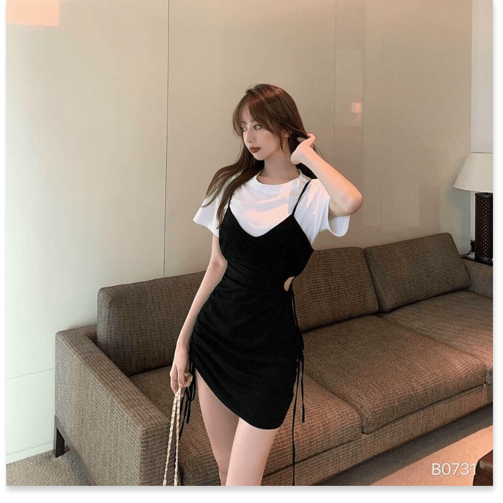 (SALE SẬP SÀN) Set váy body bo chun hai bên khoét eo cá tính, kèm 1 áo trắng, set này mặc đi chơi cực xinh, chất thun má