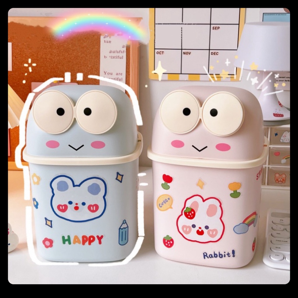 Thùng rác để bàn trang trí đẹp rẻ nắp lật Ếch mập dễ thương hộp đựng bút thước phụ kiện mini tặng kèm hình dán