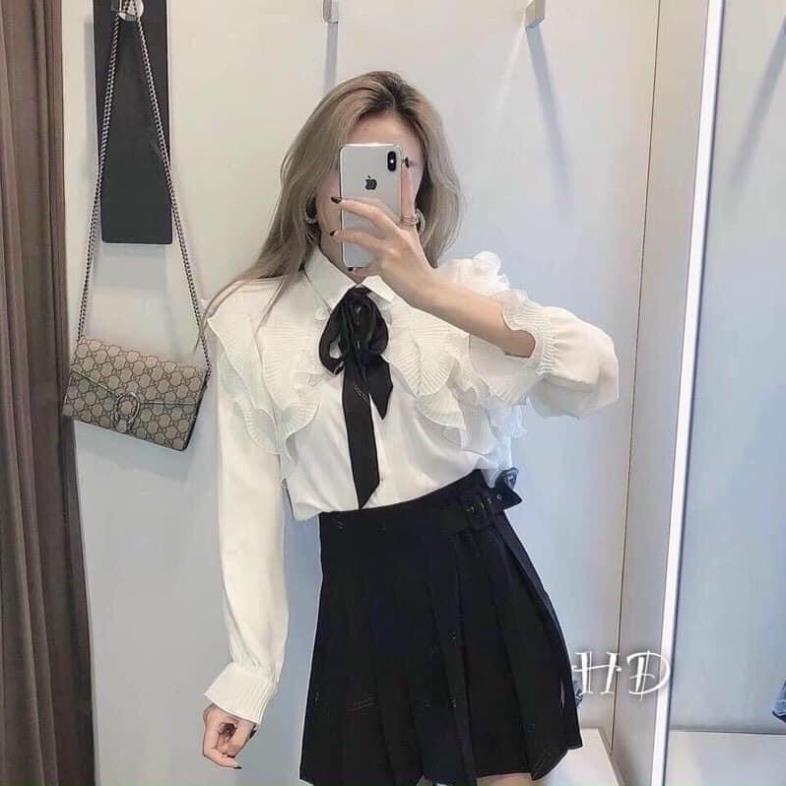 Hottrend Hottrend Áo sơ mi nữ thắt nơ ngắn có bèo cổ bánh bèo cho nữ [ ảnh thật / video ]