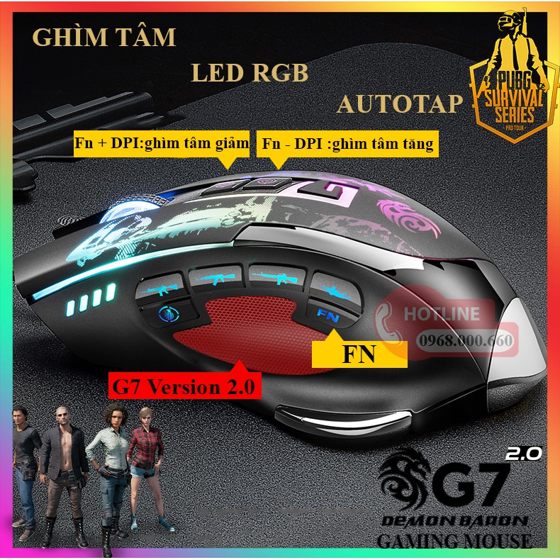 Chuột ghìm tâm G7 V3.0Demon Baron | Phiên bản nâng cấp 11 nút | Hỗ trợ ghìm tâm PUBG, Led RGB Autotap, ghìm tâm PUBG