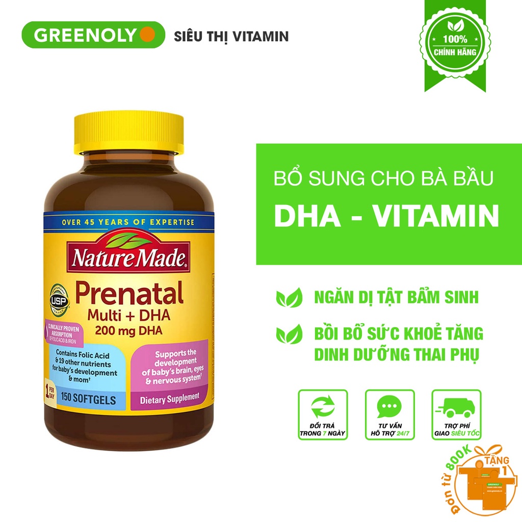 Vitamin Bầu Tổng Hợp bổ sung DHA Cho Mẹ, Phòng Dị Tật Nature Made Prenatal Multi DHA 200mg 150 Viên - HSD 30/12/2023