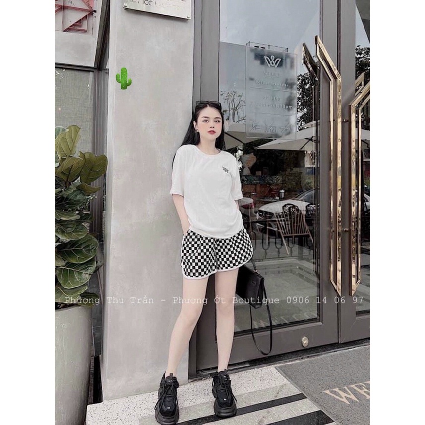 Đồ bộ nữ có áo thun thêu gâu ca ro kèm quần sọt viền ca ro cực đẹp cho cô nàng năng động oa