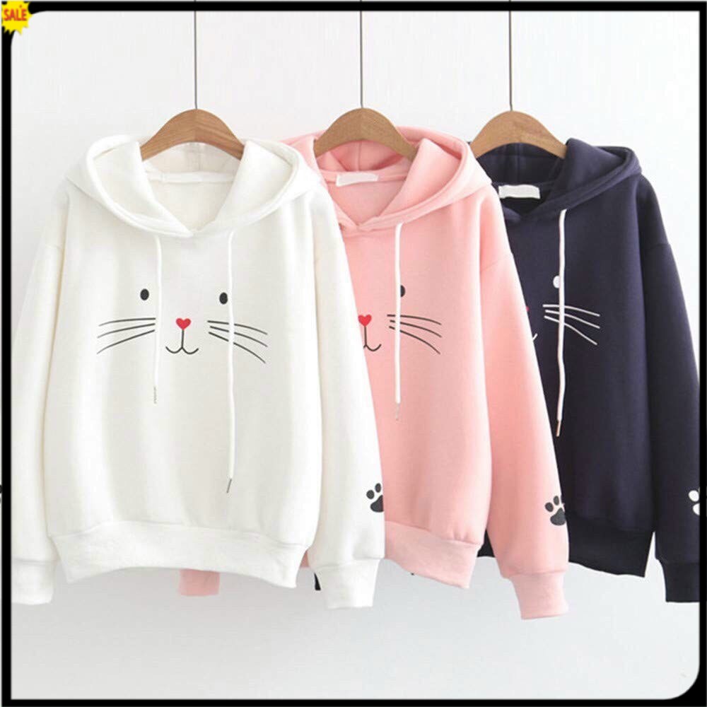 ÁO HOODIE NÓN NỮ (MẶT MÈO ) FREESIZE 1 CỠ FORM DÁNG RỘNG DƯỚI 65KG MẶC VỪA K21