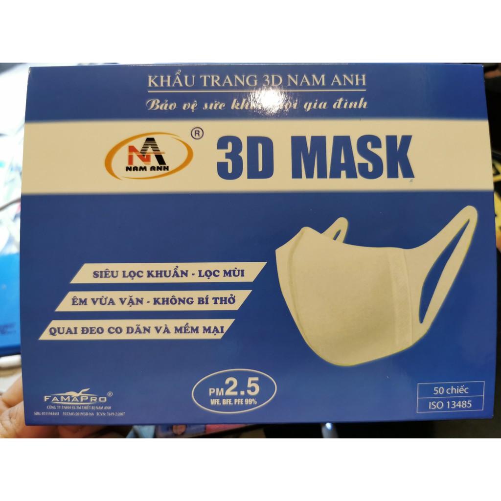 Khẩu trang 3D Nam Anh hộp 50 chiếc ôm khít khuôn mặt không đau tai