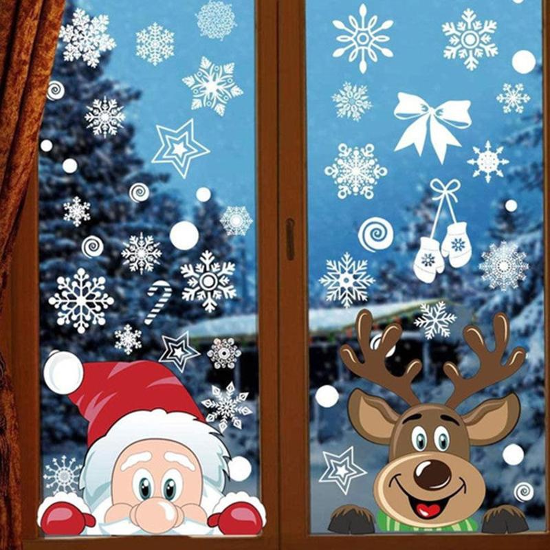 Creative Snowflake Reindeer Santa Claus Window Stickers/ Cartoon Double Sided Static Glass Stickers/ Christmas Day Decoration Wall Stickers
