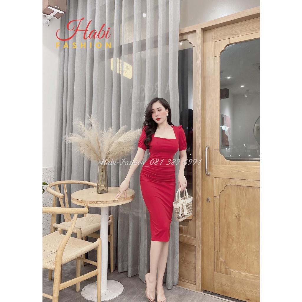 Đầm body sexy sang chảnh chất ngất, váy đầm body nữ thiết kế cao cấp cổ vuông tay bồng chất umi, đã có mút ngực