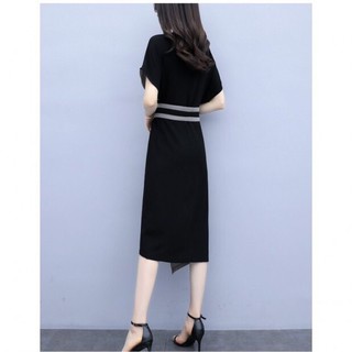 [niceshop1] Đầm công sở đen phối xám cổ V nơ eo