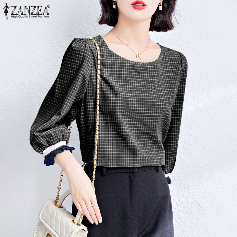 Zanzea Áo Kiểu Nữ Cổ Tròn Tay 3 / 4 Họa Tiết Caro Thời Trang Thanh Lịch