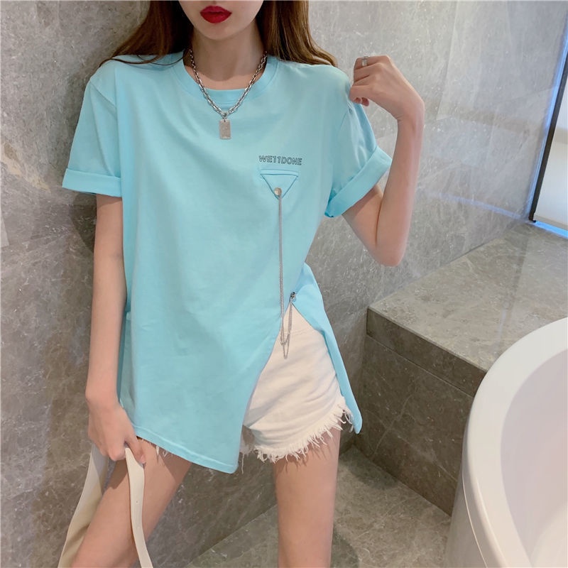 Áo Thun Cotton Trơn Dáng Rộng Xẻ Tà Phối Dây Xích Thời Trang Mùa Hè Dành Cho Nữ 2022