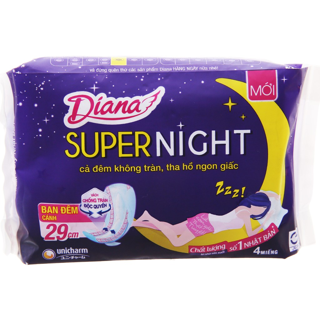 Băng vệ sinh ban đêm Diana Super Night chống tràn có cánh 4 miếng