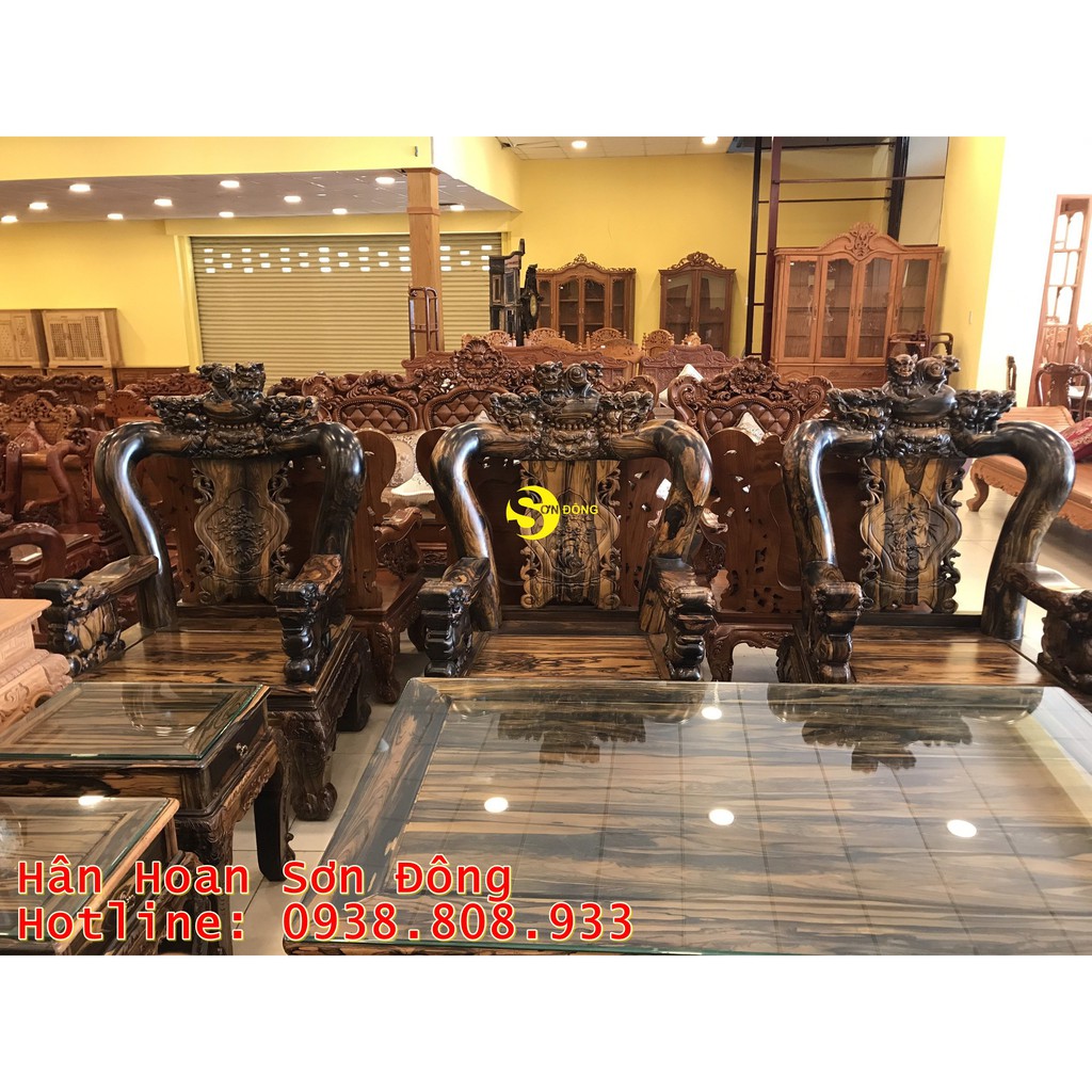 Bộ bàn ghế chạm kỳ lân gỗ mun tay 14 – BBG1501