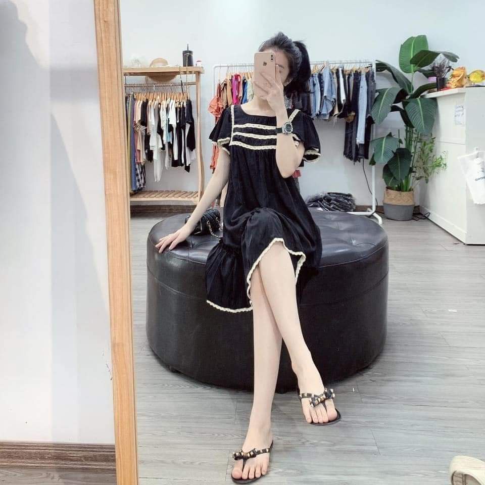 Váy bầu ngắn tay thời trang thiết kế có ren ngực M490 vải cát hàn Mom and Baby