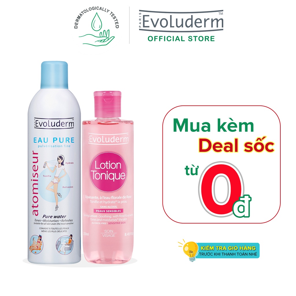 Bộ Xit khoáng Evoluderm Atomiseur Eau Pure 400ml và Nước hoa hồng Evoluderm cho da nhạy cảm 250ml