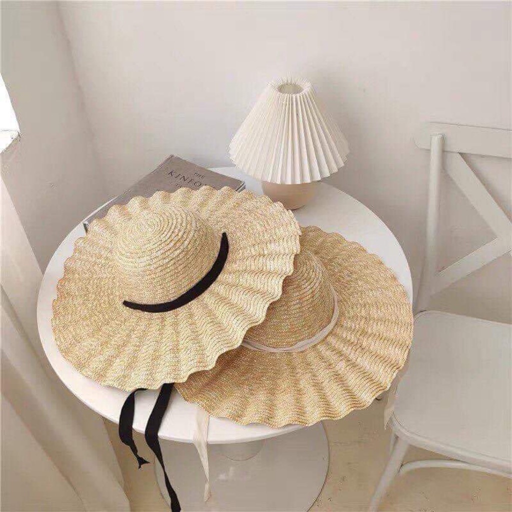 Mũ rơm Vintage cao cấp - vành rộng lượn sóng - thắt dây nơ ( đóng hộp)