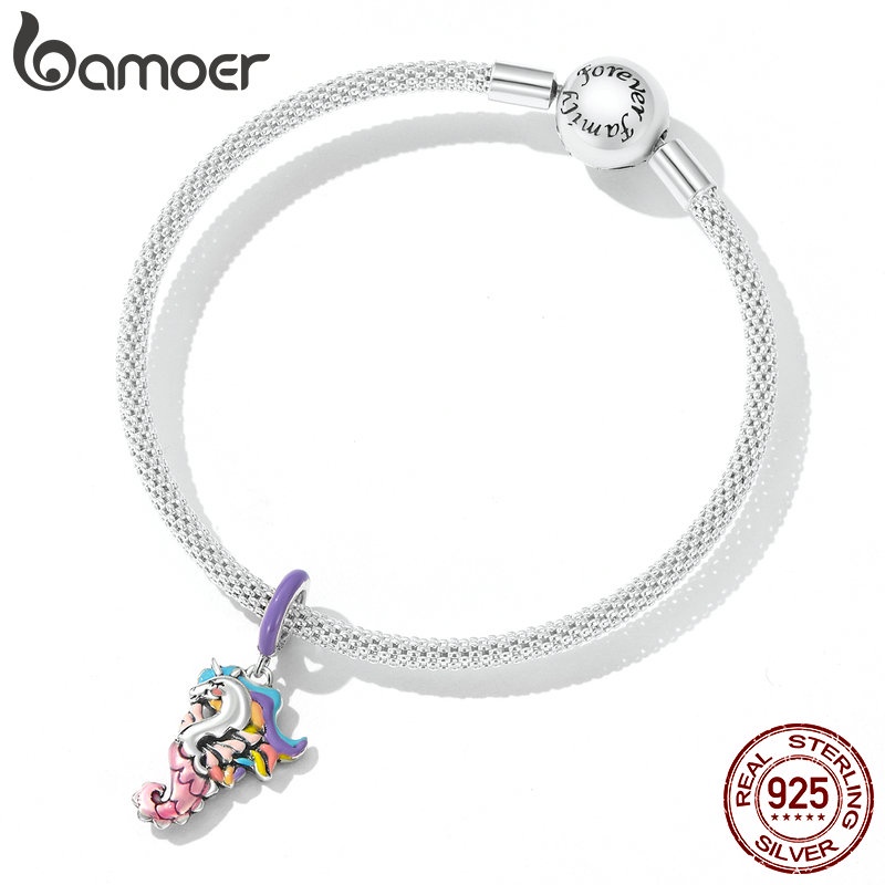 Mặt vòng cổ BAMOER bằng bạc 925 hình cá ngựa hoạt họa