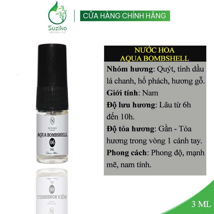 Nước hoa nam Suziko Aqua bombshell phong độ, mạnh mẽ. Nước hoa mini 3ml dạng xịt tiện lợi