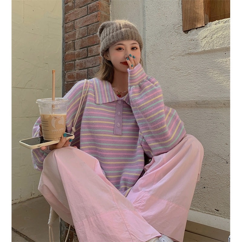 Áo Sweater dệt kim dáng rộng màu sắc trẻ trung cho nữ