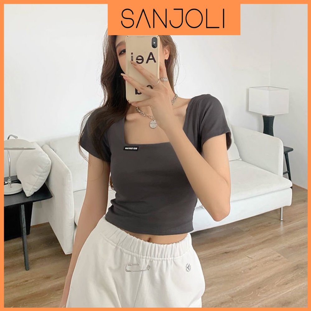 Áo Croptop Cổ Vuông SANJOLI Nữ Kiểu Ôm Body Tay Ngắn, Vải Thun Thể Thao Đẹp, Kiểu Ulzzang Hàn Quốc Đẹp Trắng Đen AO020