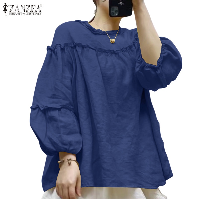 Áo kiểu ZANZEA màu trơn tay dài 3/4 cổ tròn phối nhún bèo phong cách hàn quốc thời trang thường ngày cho nữ