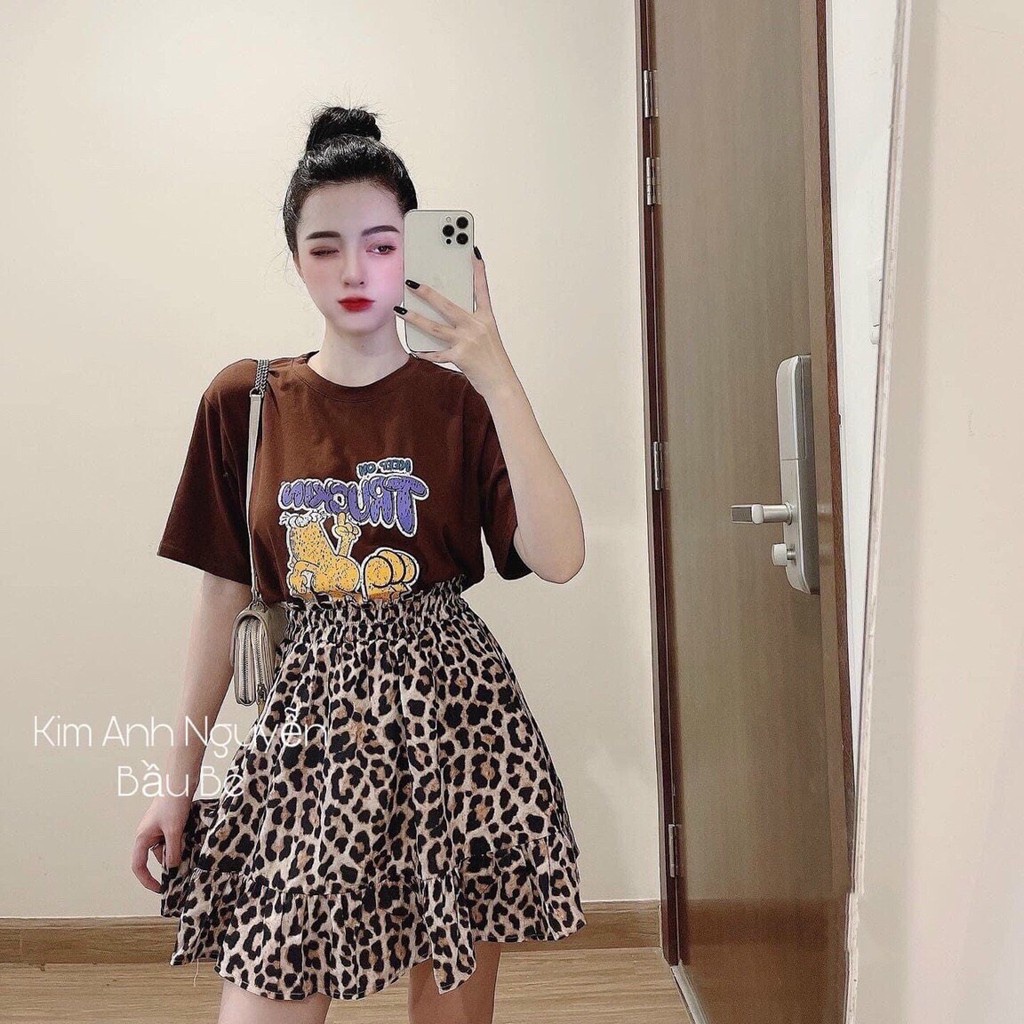 SET ÁO THUN NÂU MIX CHÂN VÁY DA BÁO - Set Váy Áo Chữ Hoạt Hình Chân Váy Xòe Họa Tiết 2 Lớp