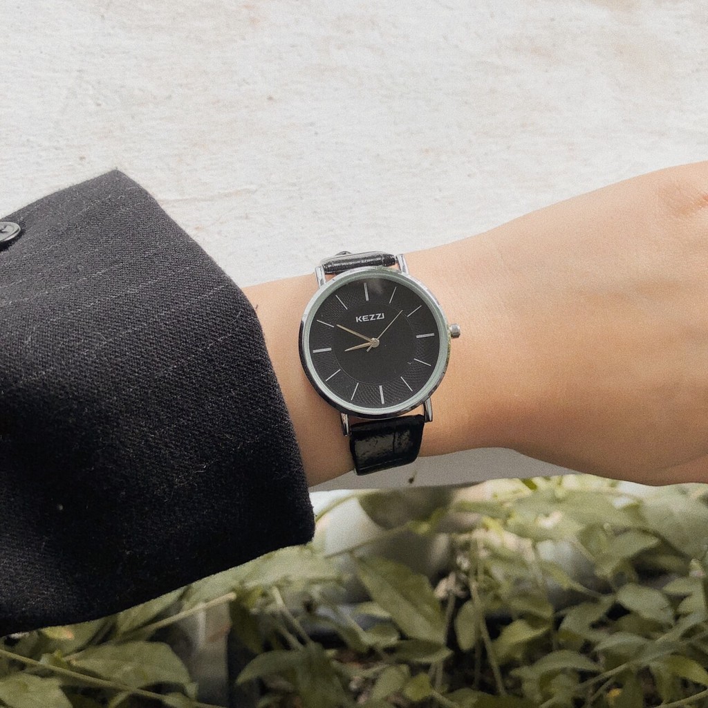 Đồng hồ cặp nam nữ cao cấp KEZZI CLASSIC đen đồng hồ dây da thời trang chính hãng Watchesbytif size 32mm 40mm