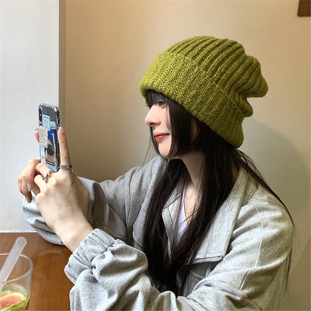 Mũ len dệt kim dáng rộng màu sắc đơn giản giữ ấm mùa đông cho nữ