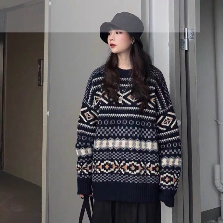 Áo len nữ form rộng dài tay dáng dài họa tiết kẻ caro to kiểu dáng ulzzang cổ tròn hàn quốc LADY QUẢNG CHÂU | BigBuy360 - bigbuy360.vn