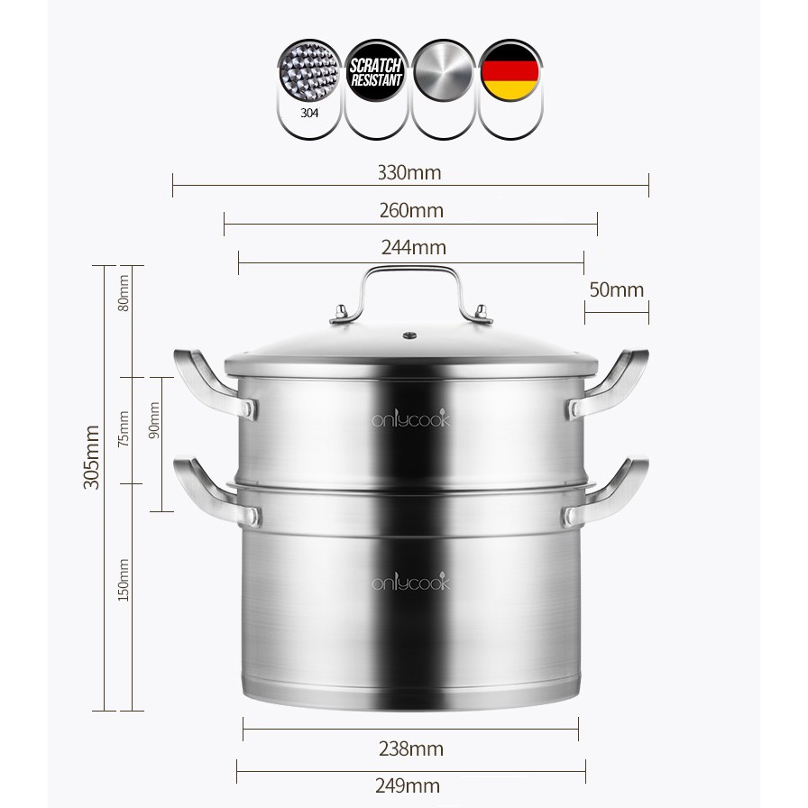 Bộ nồi hấp inox 304 - Onlycook - 30.5x24.9cm