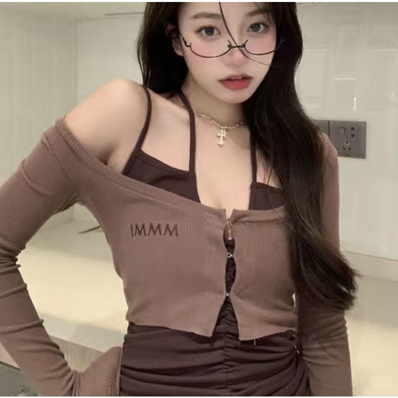 Set váy đầm body 2 dây kèm áo khoác ôm croptop dành cho nữ