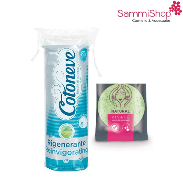 Combo 2 Bông tẩy trang COTONEVE may viền (tảo diệp lục)(70 miếng) CT006 + miếng rửa mặt CT022