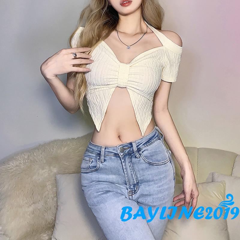 Áo Thun Tay Ngắn Cổ Chữ V Hở Rốn Màu Trơn Thời Trang Cho Nữ