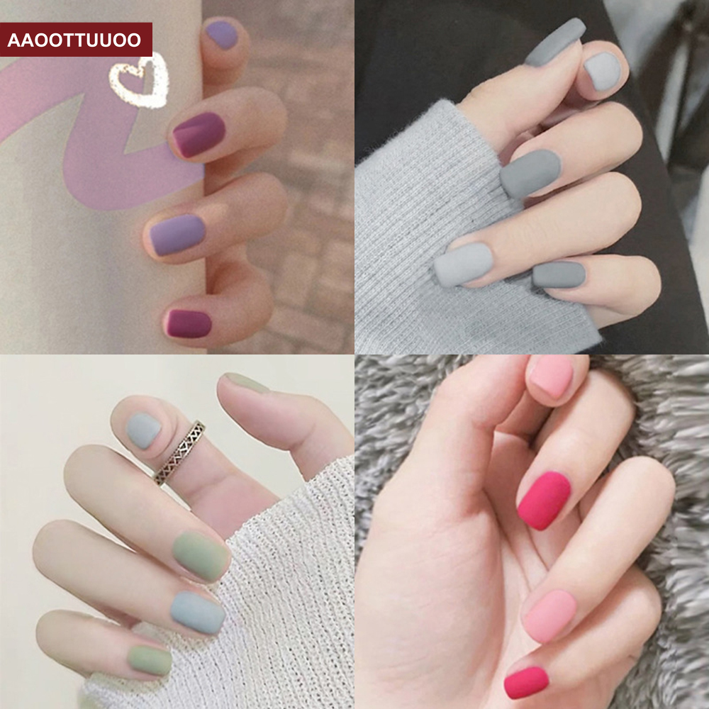 Set 24 Móng Tay Giả Mặt Nhám Màu Trơn Đơn Giản