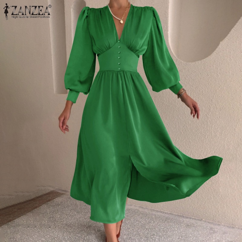 Đầm Dài Zanzea Dáng Chữ A Tay Phồng Cổ Chữ V Ôm Eo Phối Khóa Kéo Thời Trang Cho Nữ