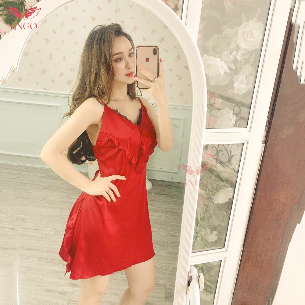 VNGO Váy Ngủ Nữ Hai Dây Lụa Pháp Cao Cấp Ngực Phối Ren Gợi Cảm Sexy N235 Thương Hiệu Vingo | BigBuy360 - bigbuy360.vn