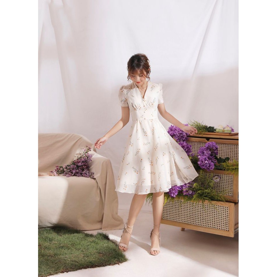 Đầm hoa phối ngọc tay bồng siêu xinh - Jena dress RE