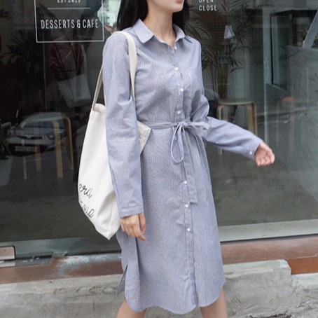 Đầm Sơ Mi Mini Tay Dài Kẻ Sọc Phối Màu Tương Phản Thời Trang 32806