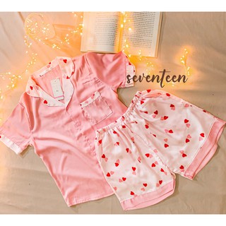 Set bộ đồ ngủ pijama cộc đùi lụa satin tim hồng mát lạnh
