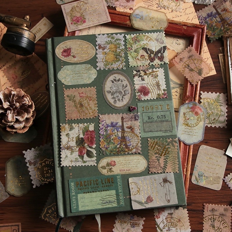 Set 20 Stickers Miếng Dán Nhãn Dán Tem Tag Hoa Lá Vintage Có Nhũ Vàng Óng Ánh Siêu Sang Trang Trí BulletJournal