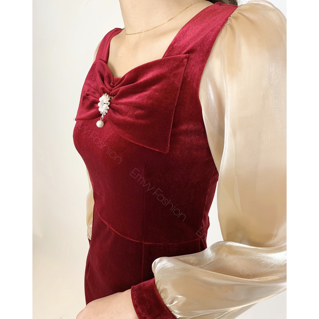 Váy body tuyết nhung tay dài phối tơ Emvy - K11 | BigBuy360 - bigbuy360.vn