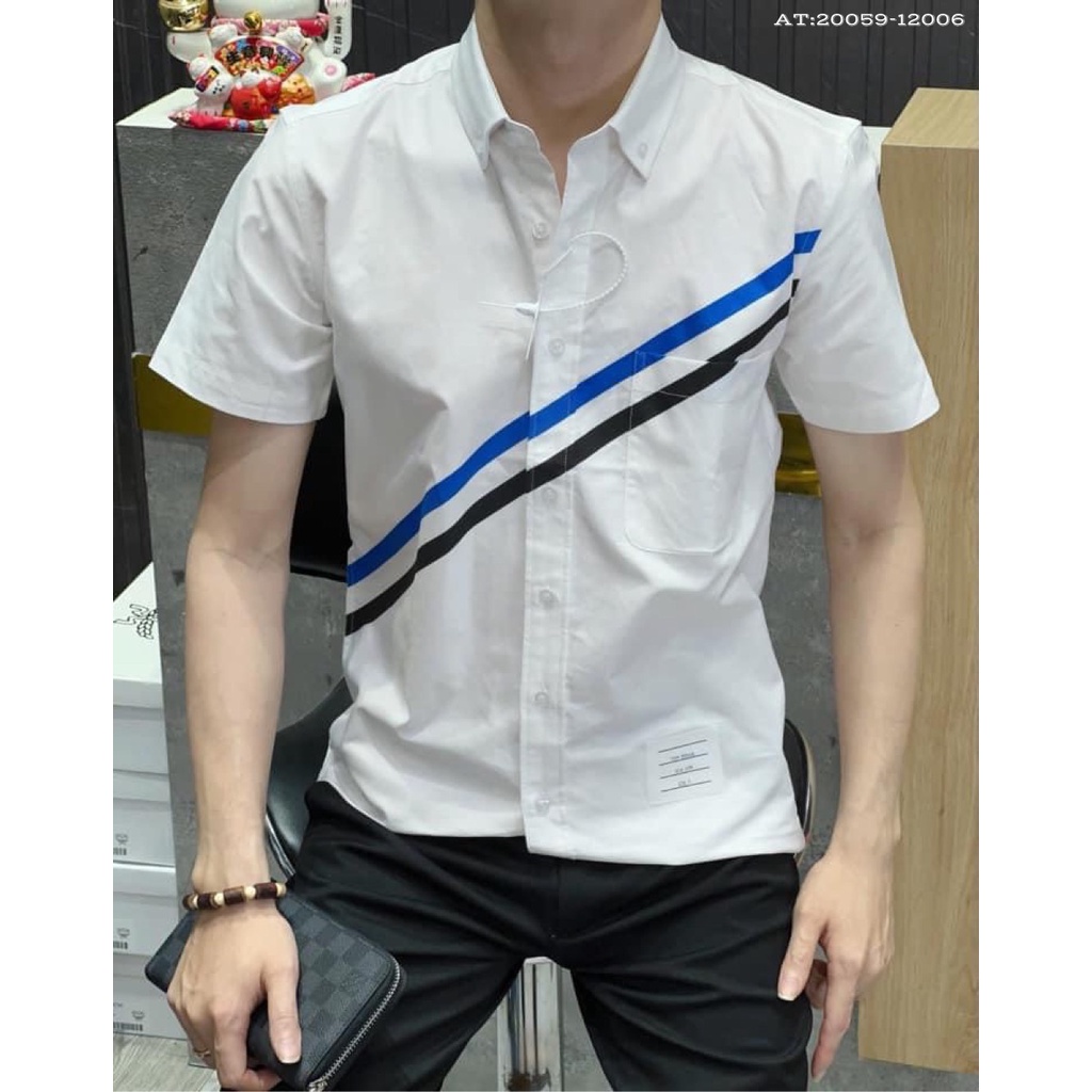 Áo Sơ Mi Nam Tay Ngắn Trắng In Sọc Chéo Xanh HÌNH THẬT