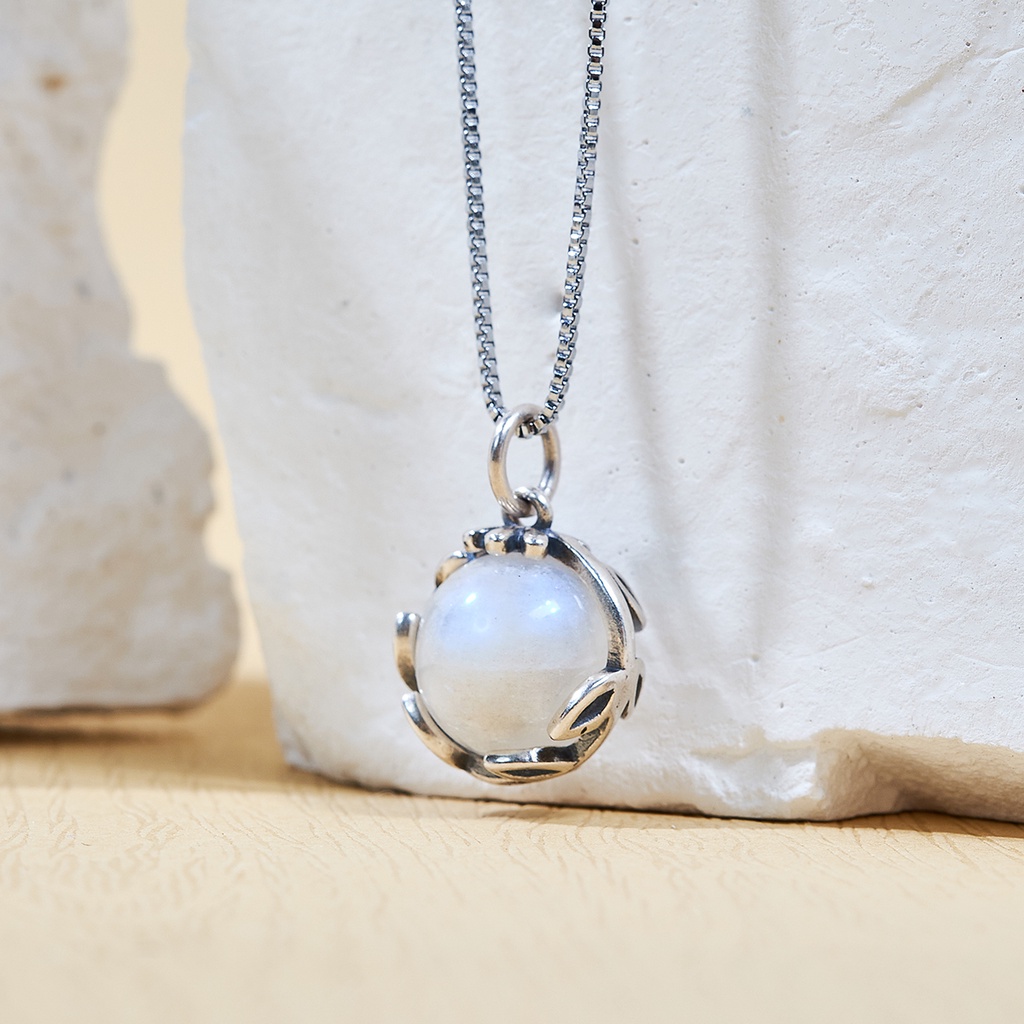 Mặt Dây Chuyền Khung Bạc Đá Mặt Trăng Moonstone Thiên Nhiên