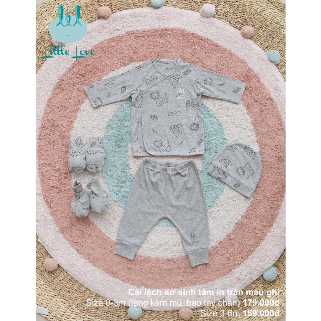 Lillte Love - Bộ cài lệch dài tay vải tăm in tràn cho bé trai, bé gái từ sơ sinh đến 6 tháng ( Size 0.3M tặng kèm phụ ki